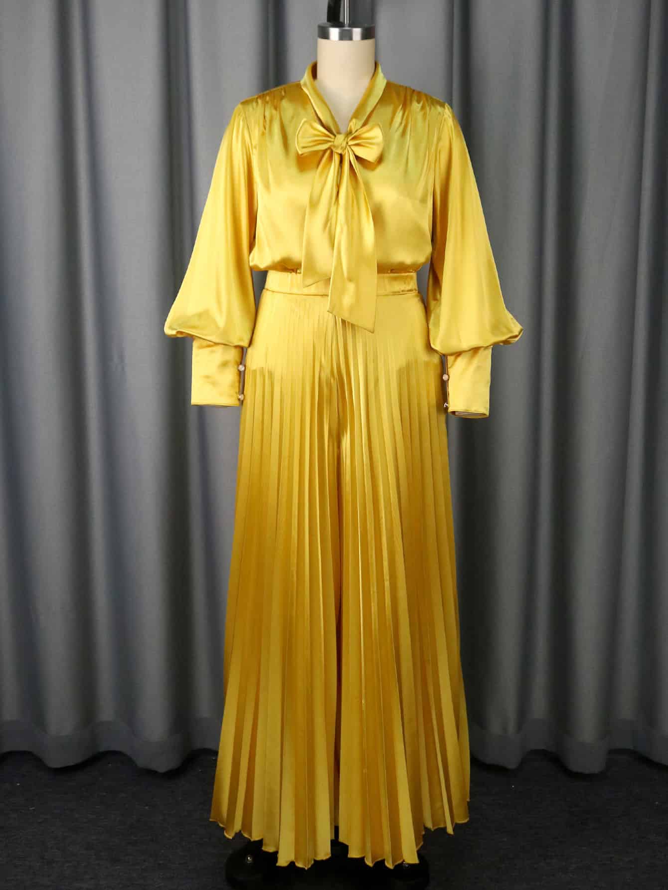 Chic V-neck Top & Wide Leg Trousers Set with Bow Detail - Elegant Fashion Combo 6 Yellow Satin Two-Piece Outfit Featuring A Blouse With A Bow Tie And Pleated Wide-Leg Pants.
