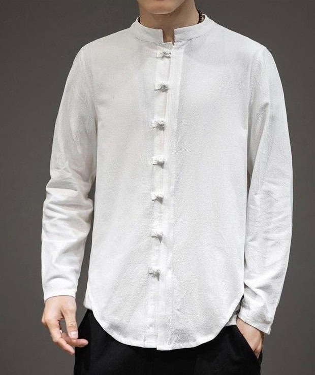 Effortless Elegance: White Casual Tunic Suit for Any Occasion 2 White Long Sleeve Shirt Featuring A Mandarin Collar And Button Closure Down The Front.