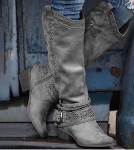 Chic & Durable Women's Martin Boots - Elevate Your Style with Versatility 5 Grey Leather Women'S High-Heeled Boots With Perforated Details And Zipper Accents, Perfect For Fashionable Winter Wear.