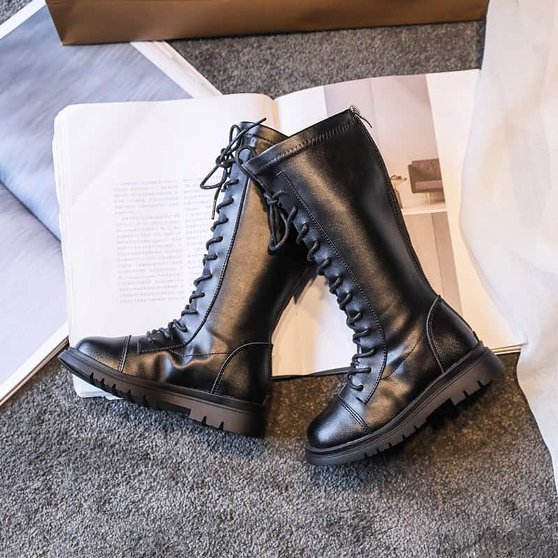 Autumn Leather Girls Boots - Zipper Closure, Casual Student Style - New Arrival 5 Genuine Black Leather Combat Boots With Durable Rubber Soles, Lace-Up Design, Perfect For Fashion-Forward, Rugged Style, And Outdoor Wear. High-Quality Footwear Suitable For All Seasons.