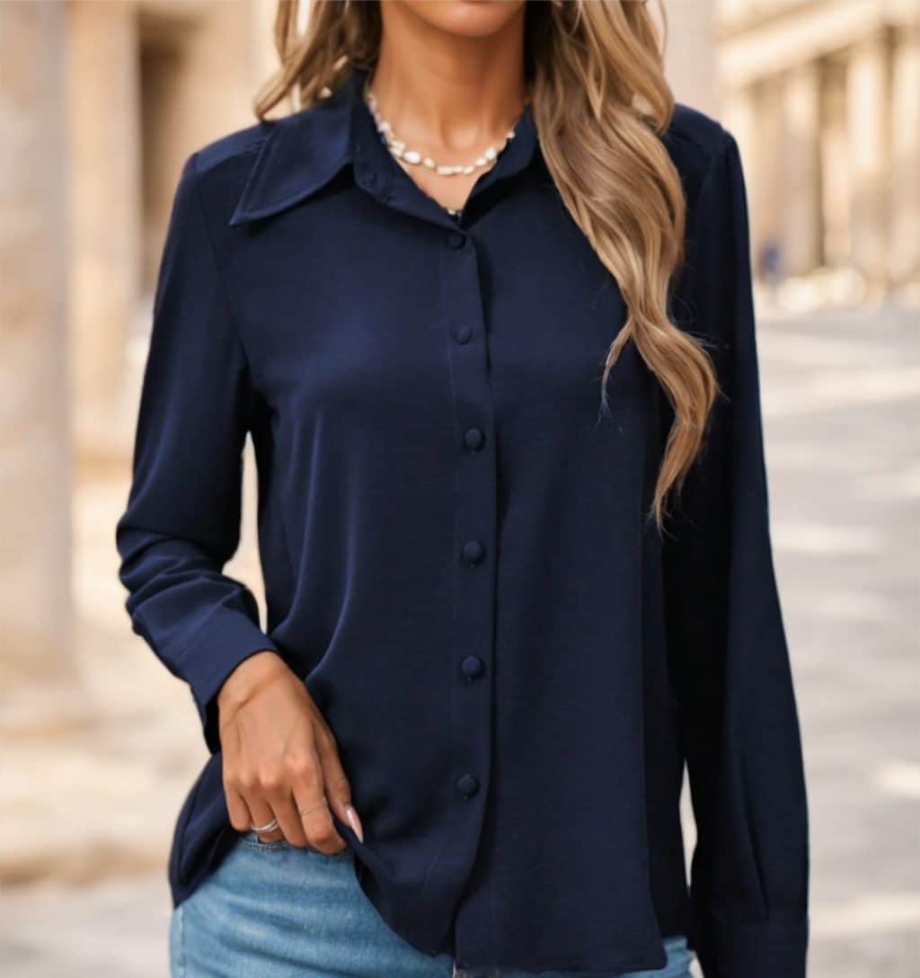 Chic Solid Women's Shirts: Versatile style for the modern woman - a wardrobe essential. 1 Woman Wearing A Navy Blue Button-Up Shirt With Long Sleeves And A Collar.