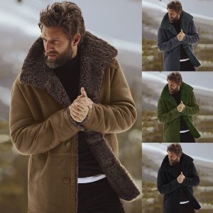 Brown shearling-lined winter coat for men, stylish outdoor fashion, warm and comfortable, trendy winter wear.
