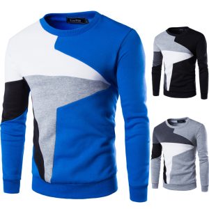 Colorful men's casual sweatshirt with modern geometric design in blue, black, white, and gray, ideal for stylish everyday wear or casual outings. Perfect for fall and winter seasons.