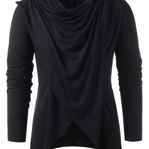 Exquisite black women's long sleeve top with draped cowl neckline and asymmetric hem for elegant casual wear delight.