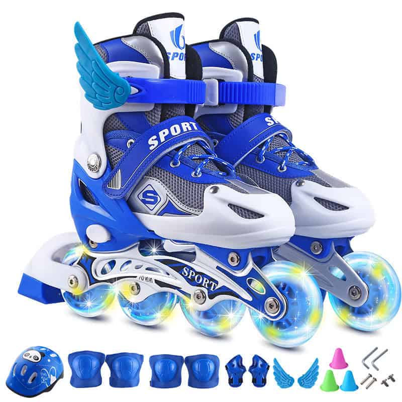 Speed and Precision Inline Roller Skates - Optimal Performance for all Skaters! 2 Blue Sports Roller Skates With Glittering Wheels And Protective Gear For Kids, Including Helmet, Pads, And Wings, Ideal For Inline Skating And Outdoor Fun.