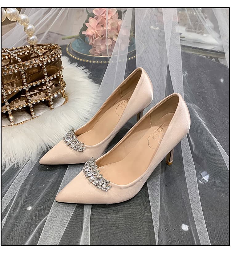 Champagne Gold Rhinestone Bridesmaid Shoes - Petite Size Elegance 2 Elegant Beige High-Heeled Shoes With Rhinestone Embellishments For Women, Perfect For Formal Occasions And Weddings.