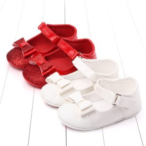Red glitter baby girl shoes with bows, and white baby girl shoes with bows, perfect for special occasions or everyday wear. Stylish, comfortable footwear for infants and toddlers from Syndmart.
