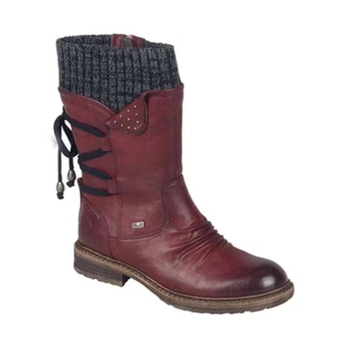 Cozy Chic: New Autumn/Winter Short Boots for Stylish Warmth! 6 Red Leather Winter Boot With Knit Sock Lining And Lace-Up Detail, Perfect For Cold Weather And Stylish Winter Fashion. Durable Sole And Comfortable Design Suitable For Outdoor Activities.