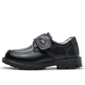 Premium black leather safety shoe with Velcro strap, slip-resistant sole, and durable design for workplace protection and comfort.