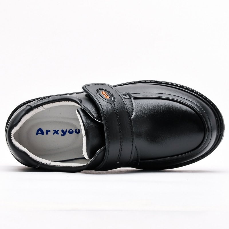 BritSoft Sole Boys Black Leather Loafers Top Layer Cowhide - Stylish Comfort 5 Soft Black Leather Children'S Shoe With Hook-And-Loop Strap, Comes From Syndmart, Designed For Comfort And Durability, Perfect For Casual Wear And School Uniforms.