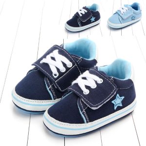 Baby boys' casual sneakers with navy blue and light blue colors, featuring star embroidery and comfortable laces, perfect for everyday wear.