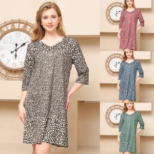 Model wearing a printed casual dress in various colors and patterns displayed in a grid format.