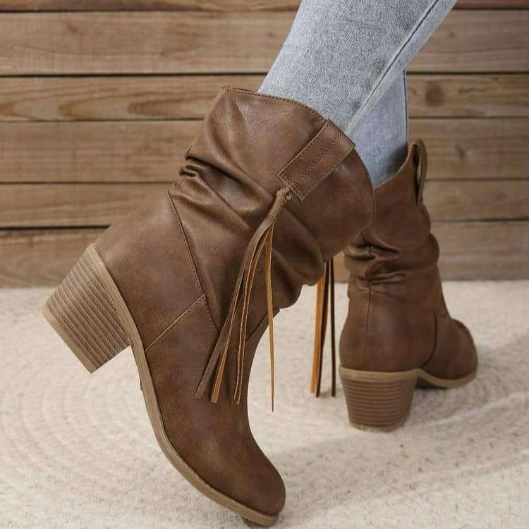 Vintage Western Tassel Mid-Calf Boots - Winter Chic Appeal 5 Brown Ankle Boots With Chunky Heel And Tassel Detail, Stylish Footwear Suitable For Fall And Winter Fashion. Perfect For Casual Or Dressy Outfits, Offering Comfort And Trendy Appeal.