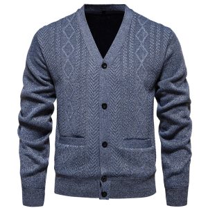 Classic men's gray knit cardigan with a V-neck, button-up front, and textured diamond pattern, perfect for casual or semi-formal wear. Offers warmth and style for everyday fashion.