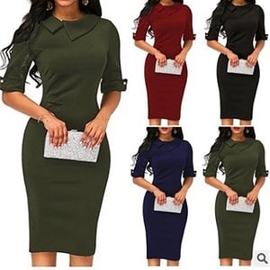 Five women's dresses displayed in green, red, black, and navy blue with a fitted design and short sleeves.