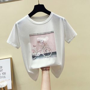 White t-shirt featuring a bicycle graphic printed on the front in pastel colors.