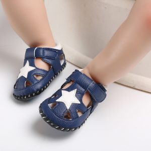 Comfortable blue leather toddler sandals with white star design, ideal for boys and girls, perfect for summer and casual wear.
