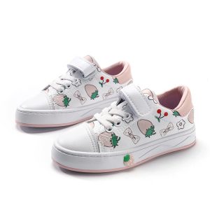 Bright white kids' sneakers with pink accents and holiday-themed floral patterns, including bows and holly leaves, perfect for festive occasions and everyday wear.