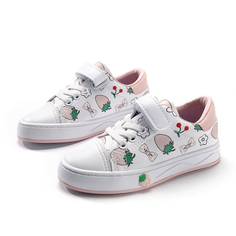 Girls' Cute Cartoon Toddler Low-top Sneakers - Comfy & Stylish for Little Feet 1 Bright White Kids' Sneakers With Pink Accents And Holiday-Themed Floral Patterns, Including Bows And Holly Leaves, Perfect For Festive Occasions And Everyday Wear.