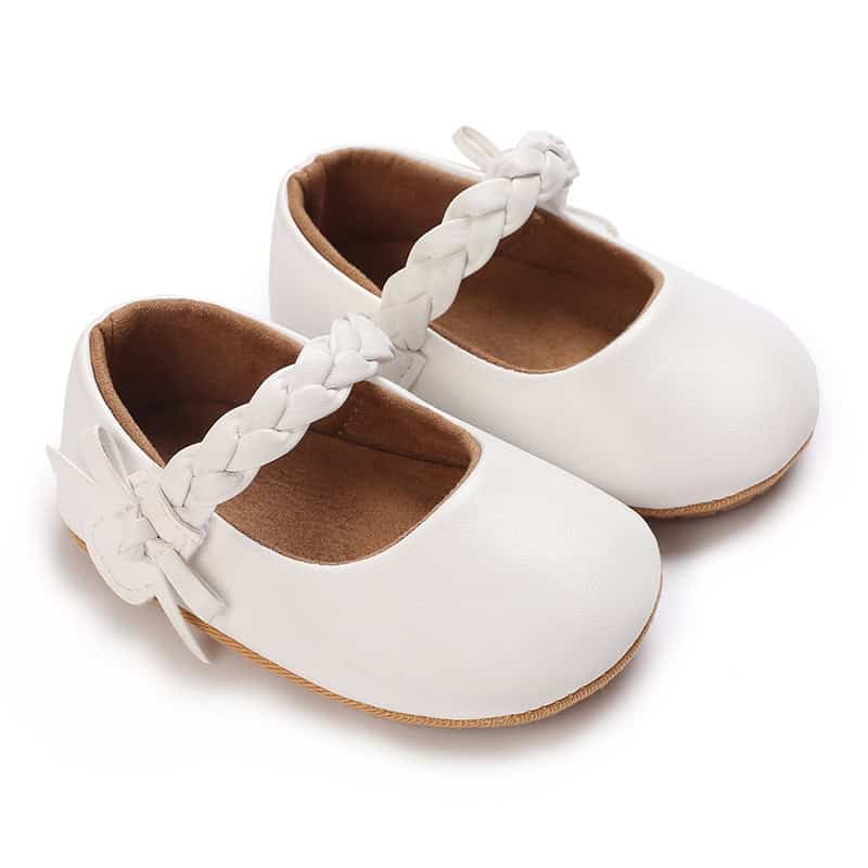 Enchanted Princess Toddler Shoes - Fit for Your Little Royalty! 2 Soft White Baby Shoes With Braided Straps And Bow Detail, Perfect For Infant Footwear And Adorable Nursery Style. Suitable For Newborns And Young Children, Combining Comfort And Cute Design.