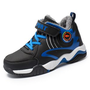 Black and blue children’s sports shoe with a supportive design, velcro strap, and cushioned interior for active kids. Perfect for outdoor play and athletic activities.