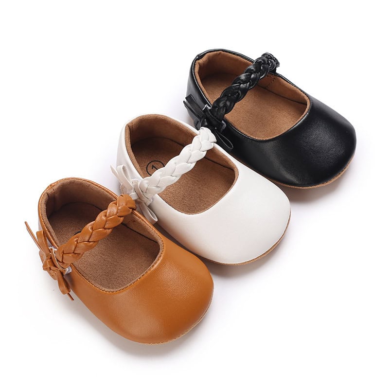 Enchanted Princess Toddler Shoes - Fit for Your Little Royalty! 4 Cute Baby Girl Shoes With Braided Straps In Brown, White, And Black, Ideal For Infants And Toddlers. Perfect For Stylish, Comfortable Footwear For Little Kids.