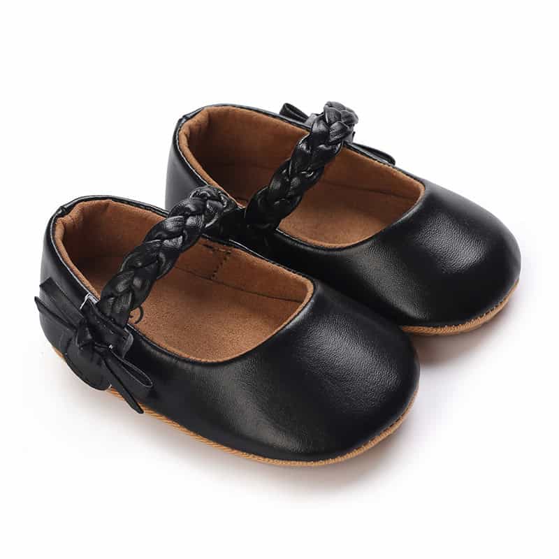 Enchanted Princess Toddler Shoes - Fit for Your Little Royalty! 3 Black Leather Baby Girl Shoes With Braided Ankle Straps And Bow Detail, Perfect For Stylish Infants. Comfortable And Durable Footwear For Special Occasions Or Daily Wear.