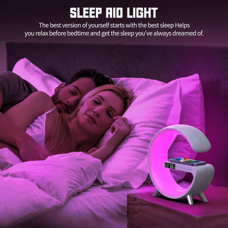 Versatile Bluetooth Speaker with Charger & Alarm Clock - Your Ultimate Companion 6 Relaxing Couple Sleeping With Sleep Aid Light On Bedside Table, Promoting Better Sleep And Relaxation, Modern Sleep Help Device, Bedroom Sleep Products, Sleep Improvement Gadgets.