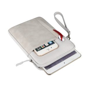 Slim grey travel pouch with a smartphone and tablet inside, featuring a red pen, ideal for organizing electronic accessories and essentials on the go.