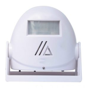 White motion sensor device with a rectangular sensor window and a triangular logo on the front.