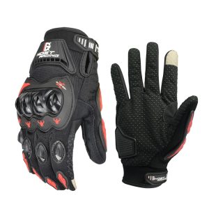 Black and red protective gloves with padded knuckles and textured grip surface.
