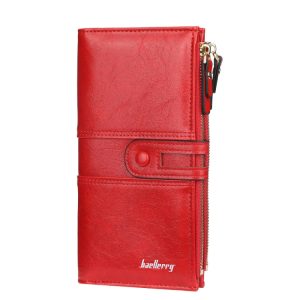 Red leather wallet with zipper and snap button closure, branded with "baellerry" for men and women, designed for secure cash and card storage.