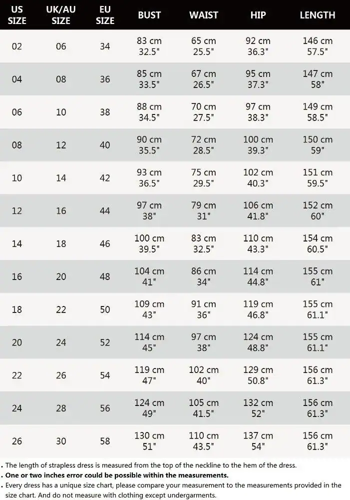 Elegant Mermaid Dress: Enchanting Style for Graceful Occasions 2 Size Chart Detailing Measurements For Women'S Dresses Including Bust, Waist, Hip, And Length.