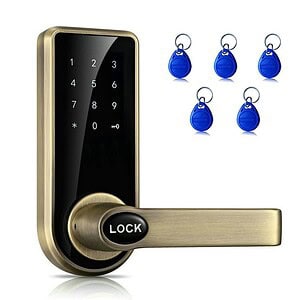 Keyless smart lock with keypad entry and security keypad lock system, including programmable door lock, RFID key fobs, and electronic lock for enhanced home security.