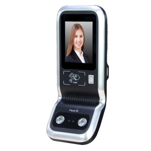 High-tech face recognition device with touchscreen and facial ID technology for secure access control.