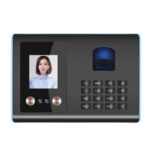 Photo of a biometric access control device with a digital screen showing a woman’s portrait, keypad, and fingerprint scanner for secure identity verification, used for office or building security systems.