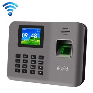 Access control biometric fingerprint scanner with digital display and RFID card reader for secure authentication and attendance management.