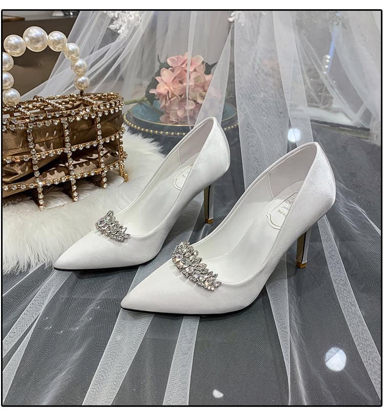 Champagne Gold Rhinestone Bridesmaid Shoes - Petite Size Elegance 5 Elegant White High Heels With Rhinestone Embellishments, Perfect For Wedding Or Special Occasion Footwear.
