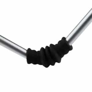 Close-up of a flexible rubber joint connecting two metal rods in a straight line.