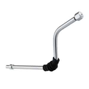 Metal hydraulic hose connector with a curved design and rubber sleeve for flexibility.