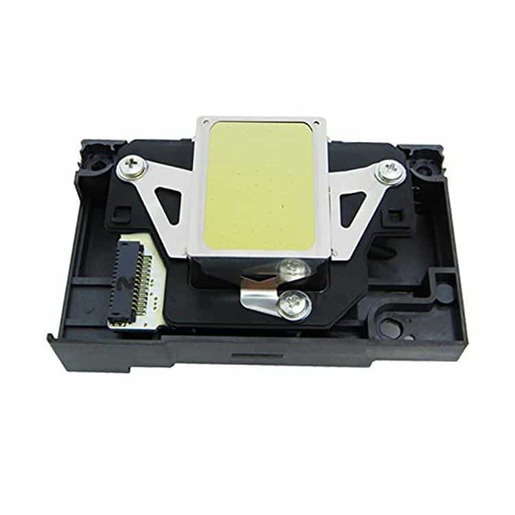 Precision Print Head for Epson L801/L800 - High-Quality Replacement, Superior Performance 1 Printer Printhead Assembly With A Yellow Component And Metal Brackets On A Black Base.
