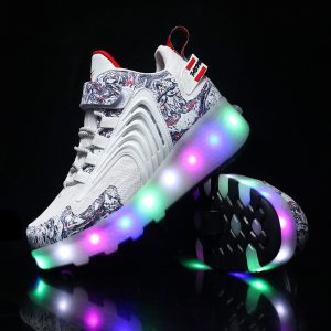 LED light-up synthetic running shoes with colorful illuminated soles and abstract patterned design, perfect for athletic performance and casual wear.