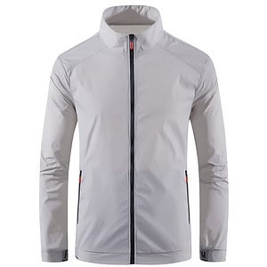 Light grey waterproof athletic jacket with black and red accents, full front zipper, and high collar for outdoor sports and activewear.