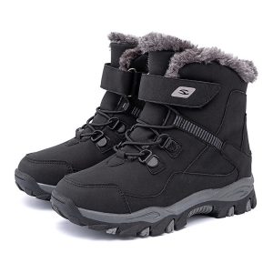 Waterproof winter hiking boots with faux fur lining for cold weather outdoor activities. Durable design with sturdy soles and secure lacing system for optimal grip and comfort.