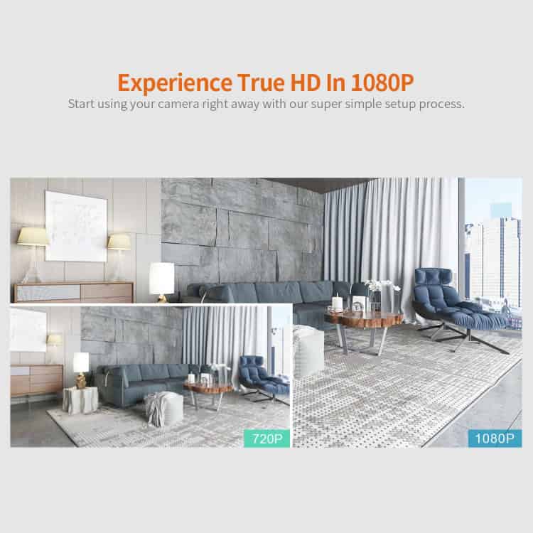 SriHome SH025 1080P HD AI Auto-Tracking Camera with Two-Way Audio, Night Vision 6 High-Definition Living Room Interior Showing 720P And 1080P Resolutions Comparison, Modern Furniture, Large Windows, Grey Couches, Curtains, Decor, And Natural Light In A Stylish Apartment, Emphasizing Hd Camera Quality For Home Photography For Syndmart.