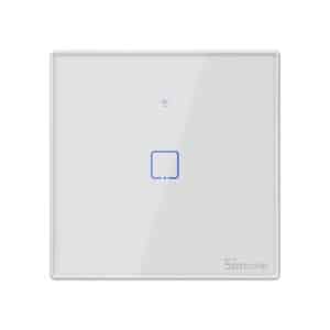 Sonoff smart light switch with a touch interface and LED indicator.