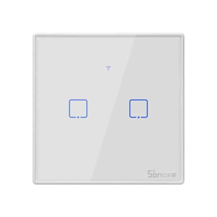 Alexa & Google Home Compatible Smart Touch Wall Switch - EU Plug Supported 2 Smart Wi-Fi Light Switch With Two Control Buttons And A Blue Indicator Light.