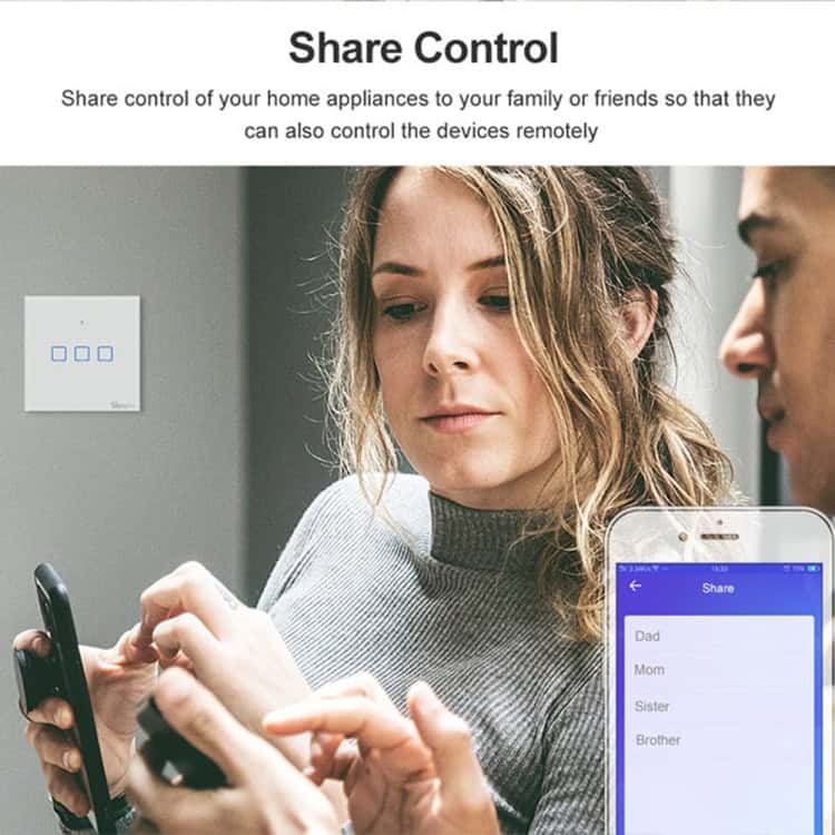 Alexa & Google Home Compatible Smart Touch Wall Switch - EU Plug Supported 4 Woman Using A Smartphone To Control A Smart Home Device With A User Interface Displayed On The Screen.