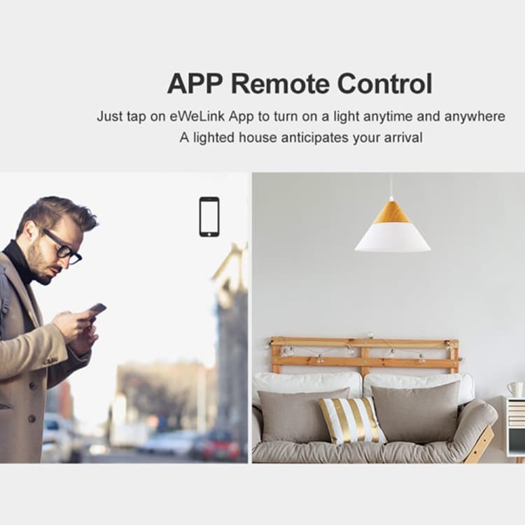 Alexa & Google Home Compatible Smart Touch Wall Switch - EU Plug Supported 8 A Smart Light Fixture With A Remote Control Feature Displayed Alongside A Man Using A Smartphone Outdoors.