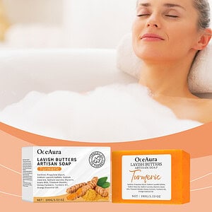 OceAura Lavish Butters Artisan Soap with turmeric ingredients displayed in a serene setting.